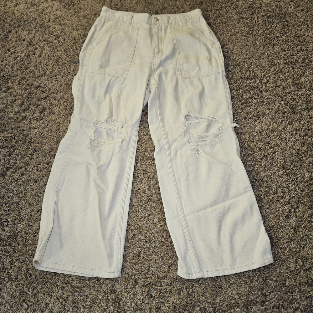 Simple Society Jeans Womens Size 13/31 Carpenter Cargo‎ Distressed Cream